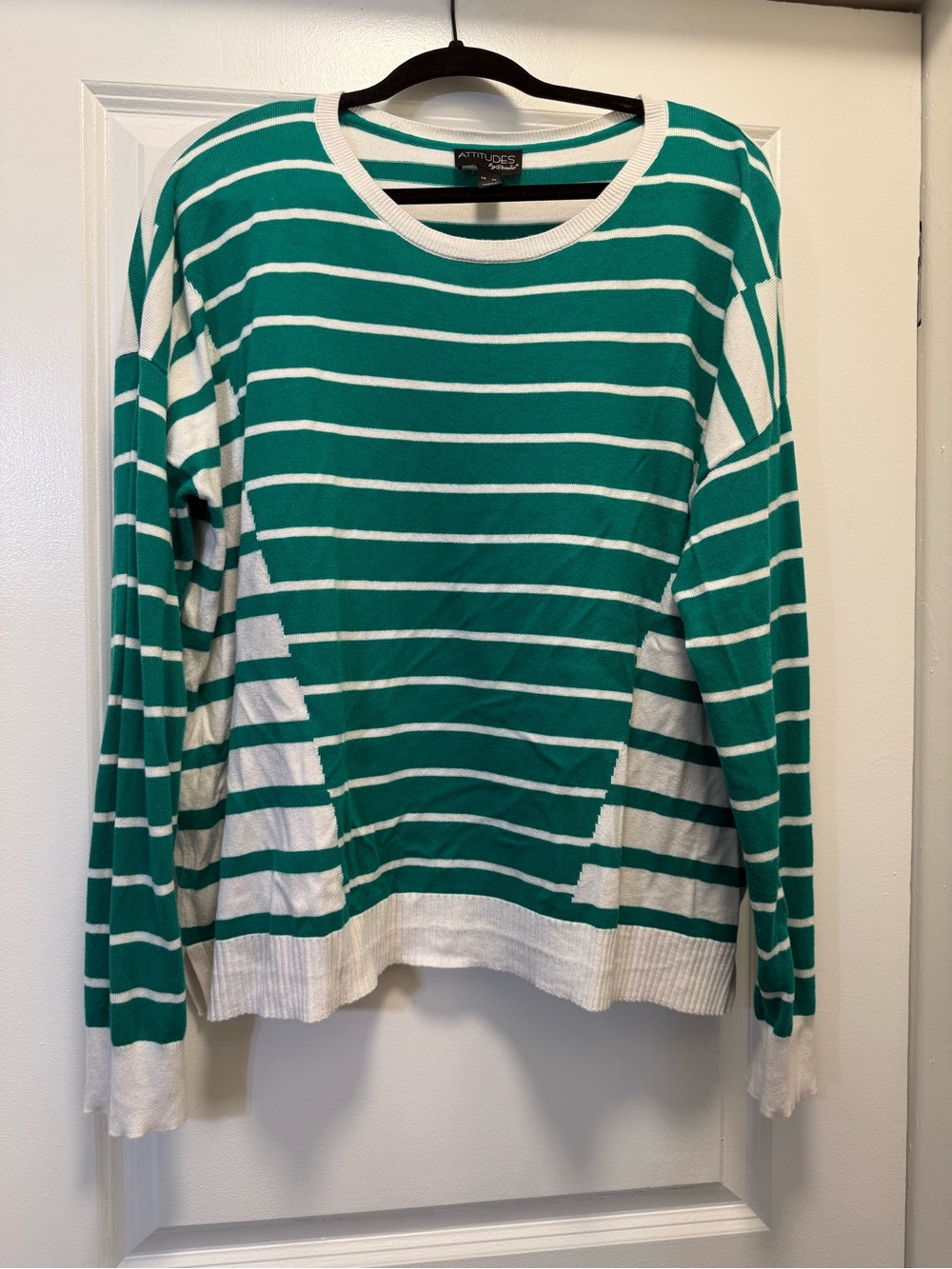 Attitudes by Renee Teal Green and White Striped Crew Neck Sweater